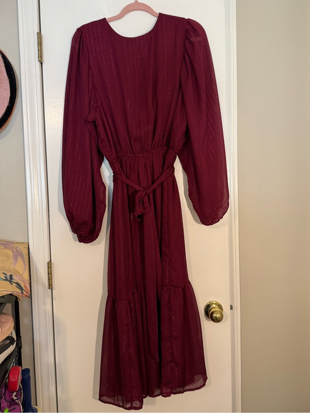 Flying Tomato Wine Burgundy Long Sleeve Midi Dress with Tie Waist sheer